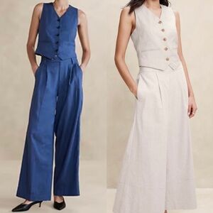 Set of 2 Banana Republic Linen-Blend Vest & Wide-Leg Trousers Size 6 Flax & Blue